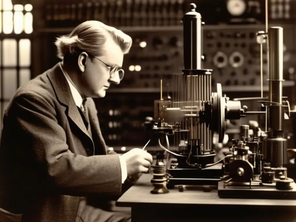 Biografía de John Logie Baird ajustando equipo de televisión en su laboratorio, rodeado de tecnología vintage