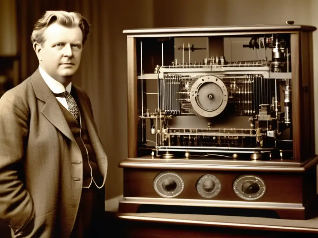 Aparece John Logie Baird con orgullo al lado de su prototipo de televisión mecánica, destacando los intrincados detalles tecnológicos