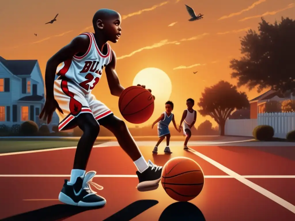 Fotografía de Michael Jordan jugando baloncesto en su vecindario, con influencia global en el baloncesto