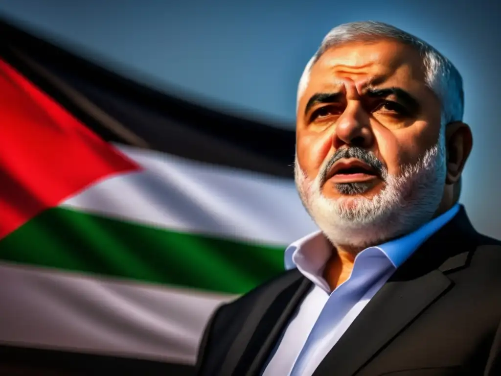 Ismail Haniyeh lidera con determinación, con la bandera palestina de fondo, proyectando visión y compromiso por el futuro de Palestina y Hamas