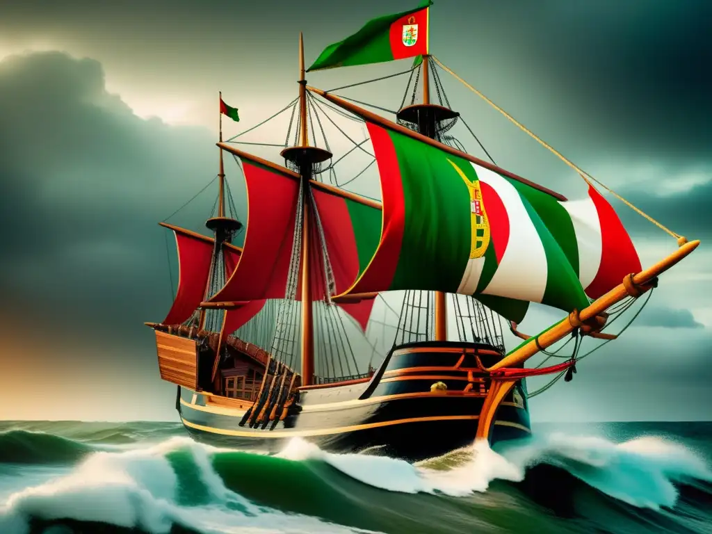 Un barco carabela portuguesa navega valientemente en aguas agitadas, con la bandera de Portugal ondeando