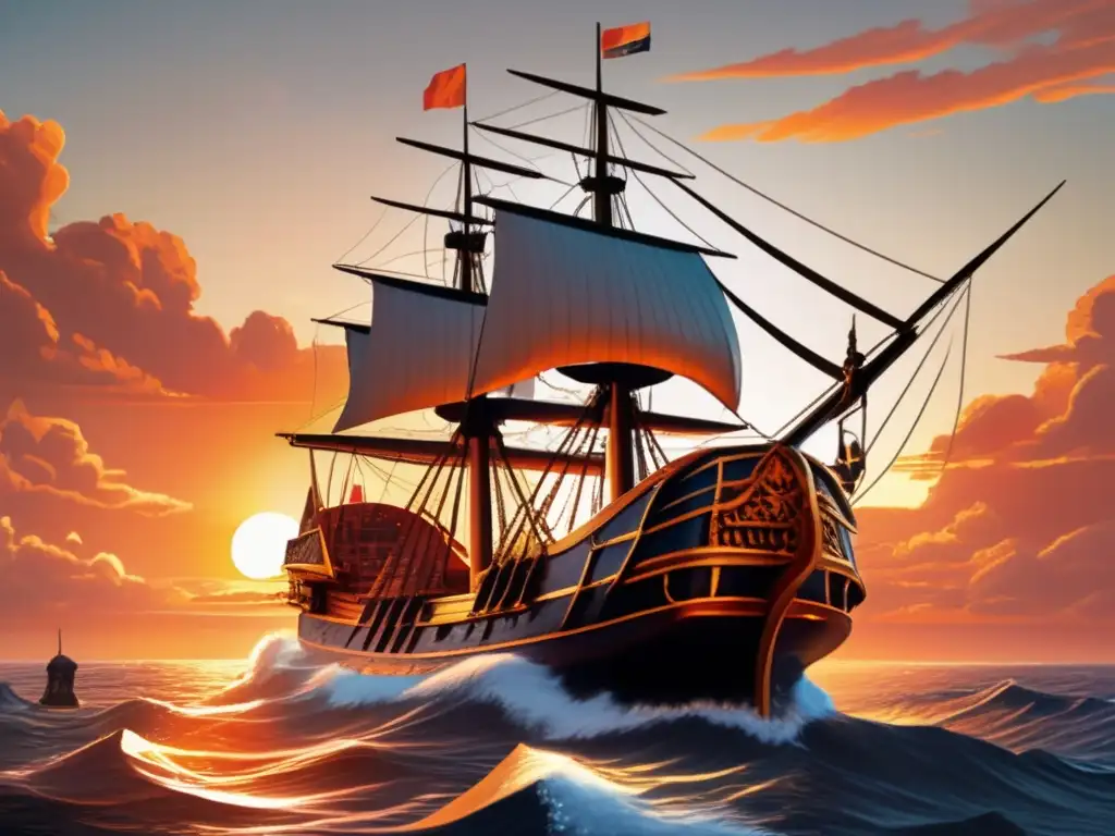 Un barco detallado de John Cabot navegando en el océano Atlántico al atardecer, con un cálido resplandor dorado sobre el agua
