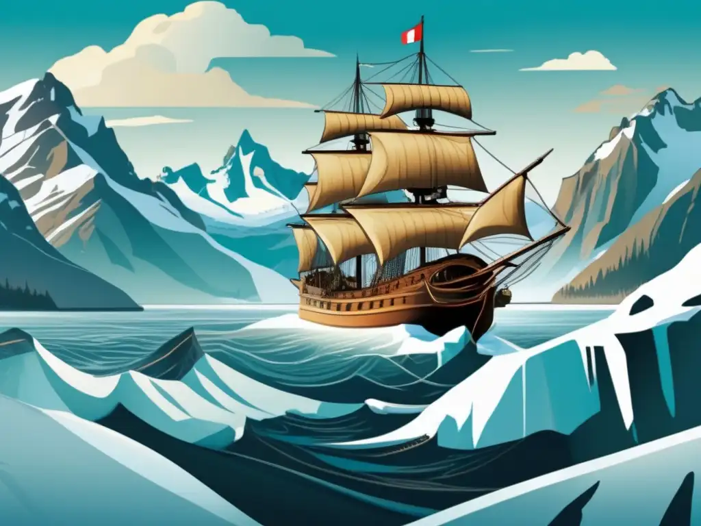 Un barco detallado de Jacques Cartier navega en aguas heladas de Canadá, con montañas nevadas al fondo