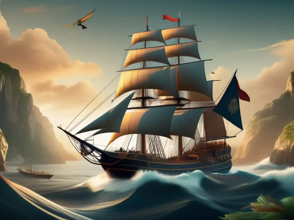 Un barco de expediciones de Jean-François de La Pérouse navega por aguas inexploradas, capturando la aventura y la importancia histórica de sus viajes