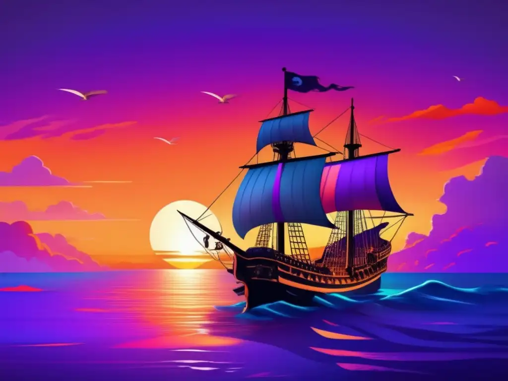 Cristóbal Colón en el barco, mirando al horizonte al atardecer, reflejando el espíritu de descubrimiento de América