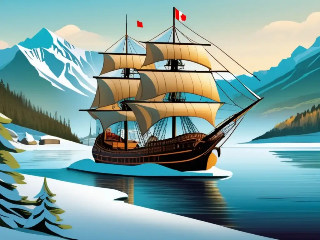 Un barco de Jacques Cartier navega entre montañas nevadas y bosques frondosos en Canadá, evocando exploración y descubrimiento