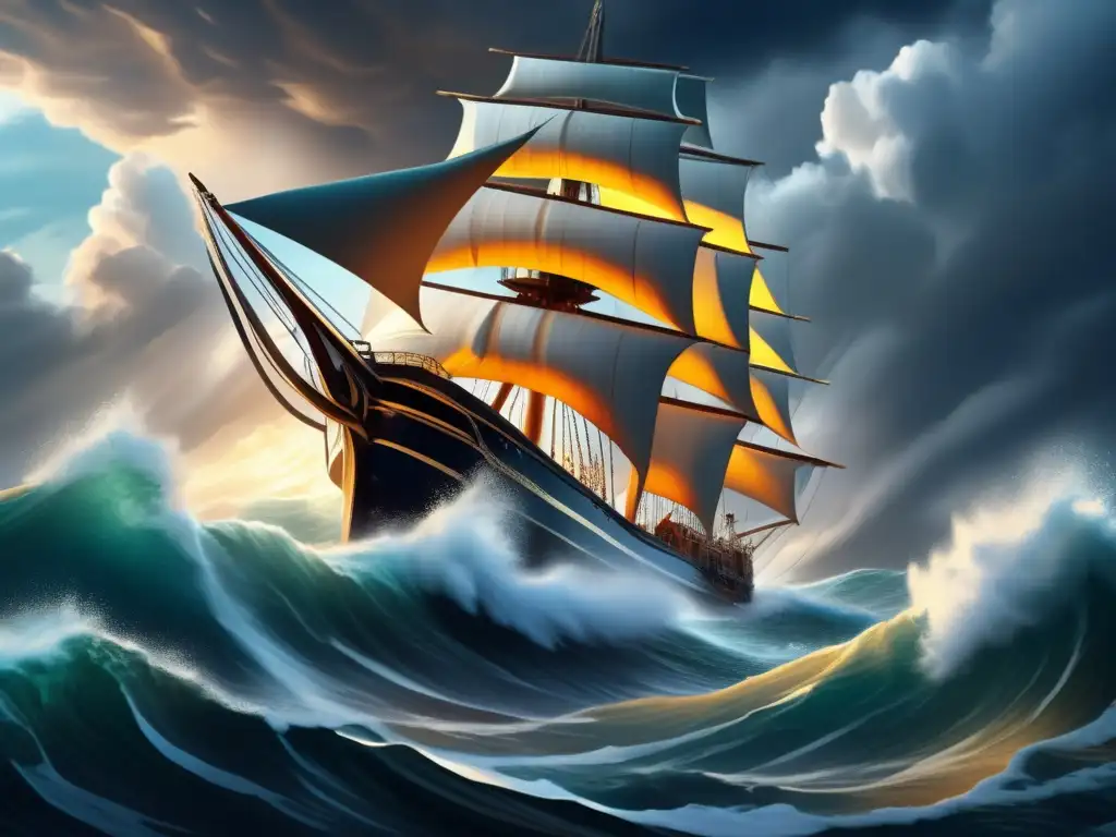 Un barco resistente navega a través de olas tumultuosas bajo un cielo tormentoso