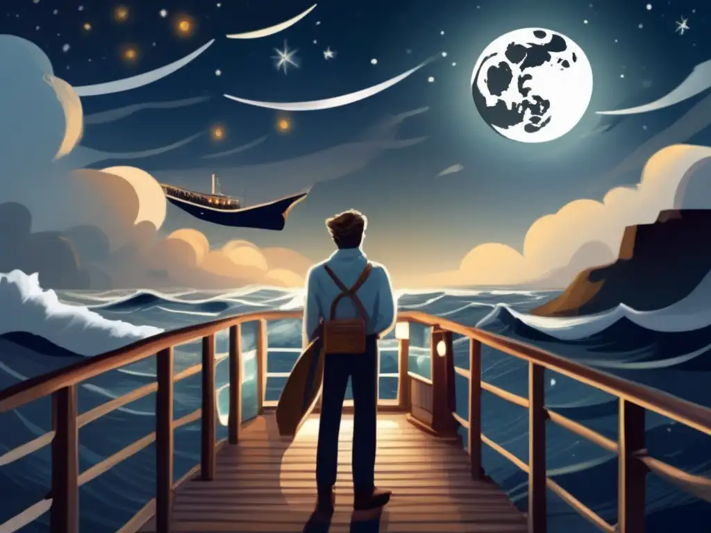 Jack London en el barco, rodeado de olas turbulentas y la luz de la luna