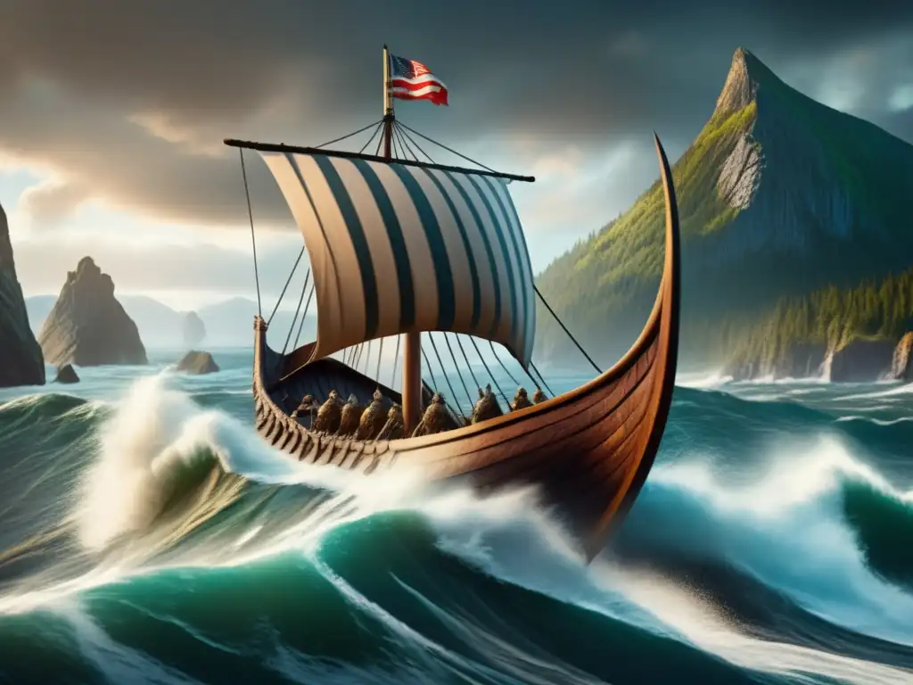 Un barco vikingo navegando hacia la costa de América del Norte, con guerreros y un cielo dramático