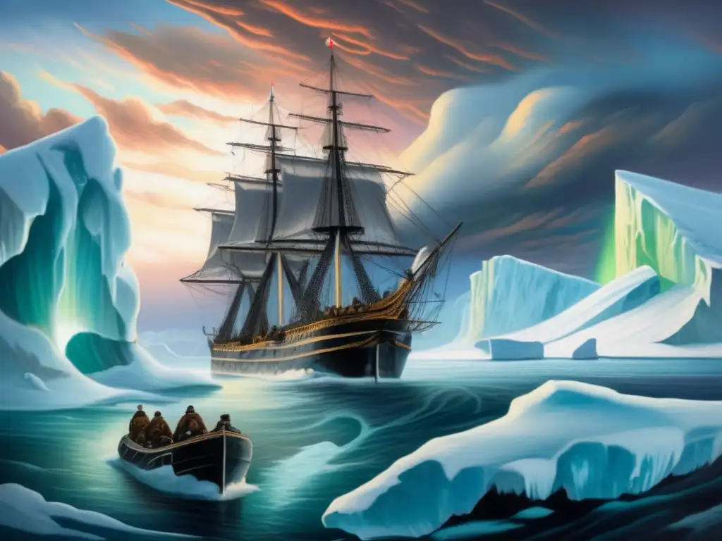 Dos barcos de la expedición perdida Sir John Franklin navegan entre aguas heladas en el Ártico, con la aurora boreal de fondo