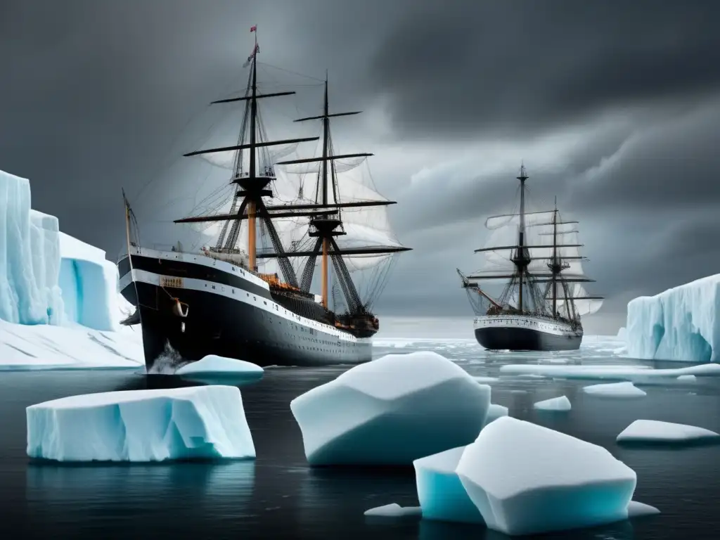Dos barcos antárticos, HMS Erebus y HMS Terror, navegan entre icebergs en una atmósfera dramática