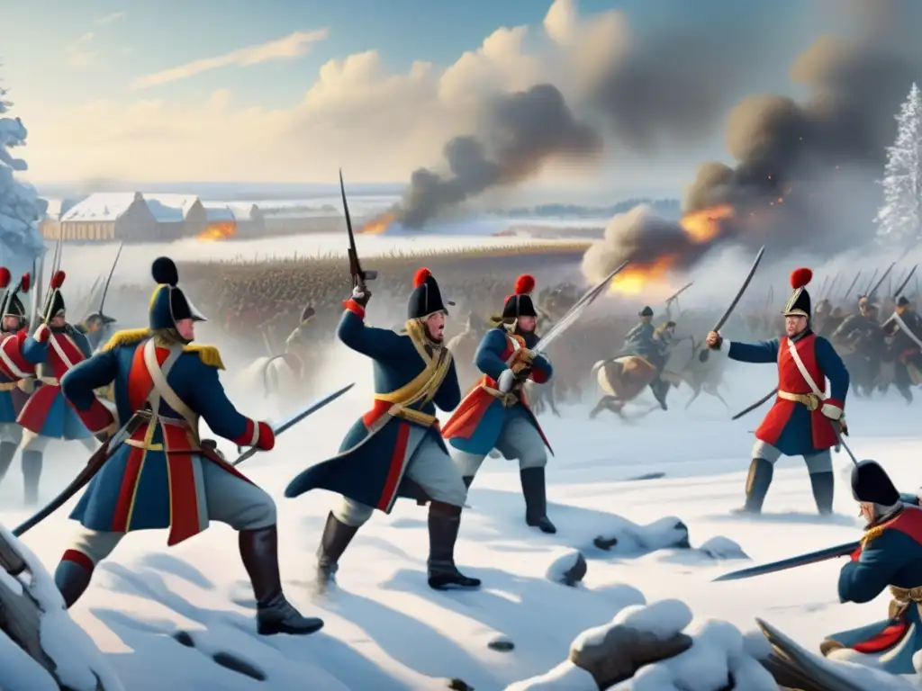 Batalla de Poltava: líderes militares destacados en la historia de Rusia, intenso combate en paisaje nevado