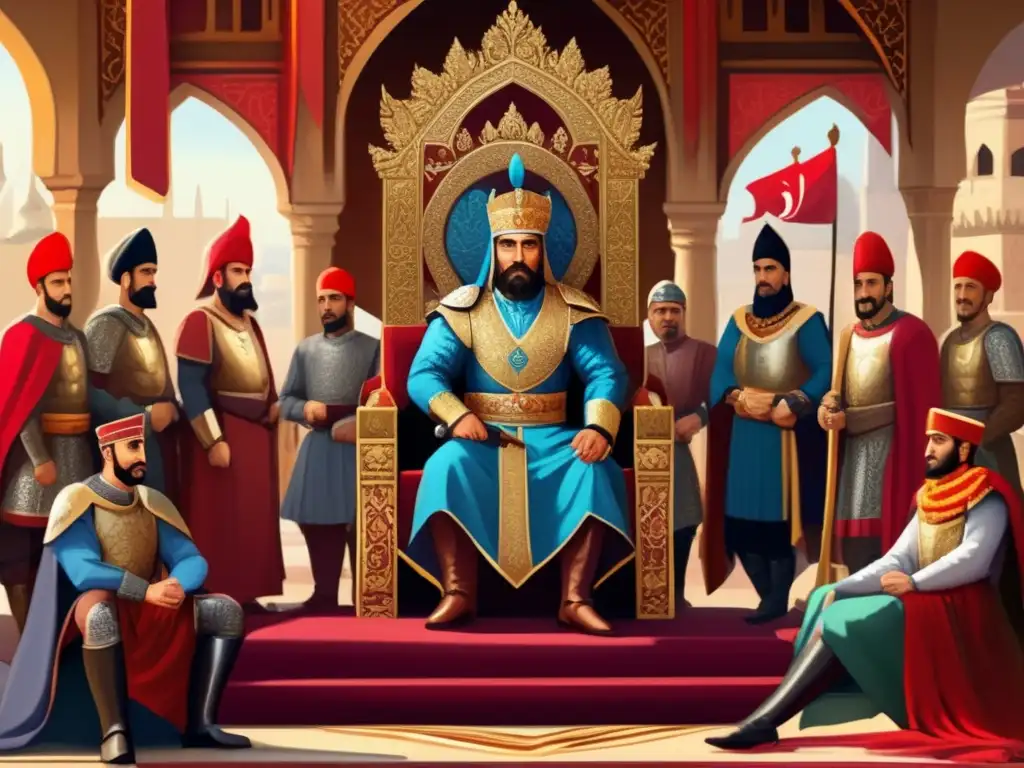 Sultán Baybars Mameluco rodeado de estrategias militares en su corte medieval
