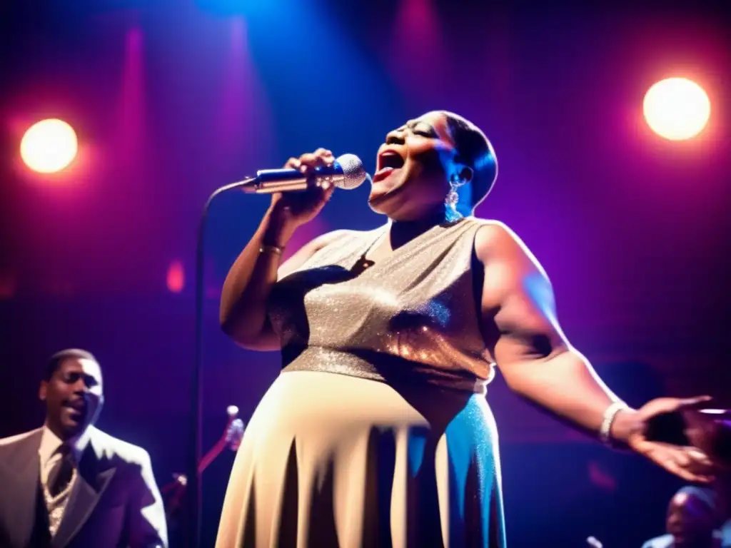 Bessie Smith deslumbra en un club de jazz, con luces dramáticas y su poderosa presencia en el escenario