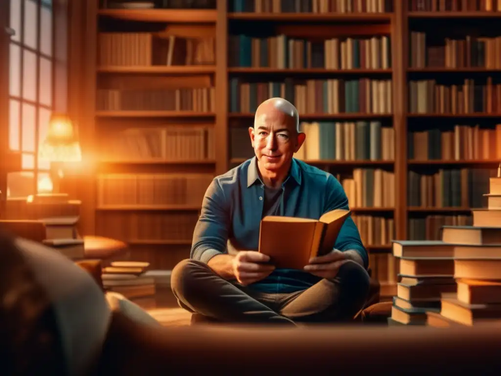 En la biografía de Jeff Bezos Amazon, un joven Bezos se sumerge en la lectura en su acogedora biblioteca llena de libros diversos