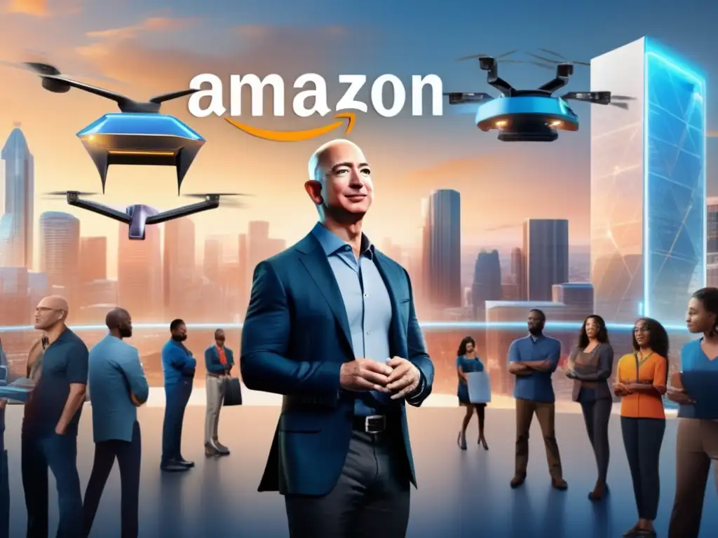 Jeff Bezos lidera en Amazon, rodeado de drones y tecnología