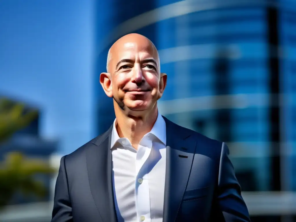 Jeff Bezos, fundador de Amazon, frente a su sede, proyecta liderazgo y visión