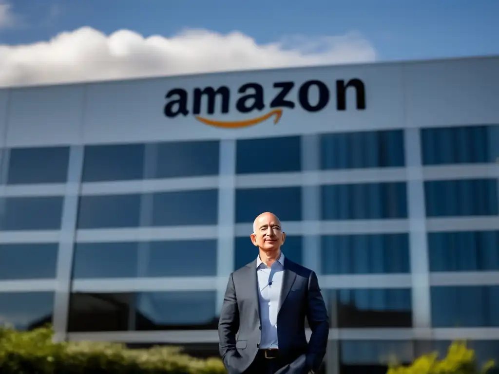 Jeff Bezos, fundador de Amazon, frente a la sede principal con un aura de liderazgo e innovación
