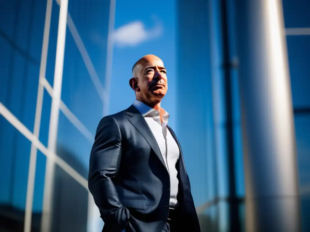 Jeff Bezos irradia éxito frente a un futurista edificio de oficinas, reflejando naturaleza y tecnología