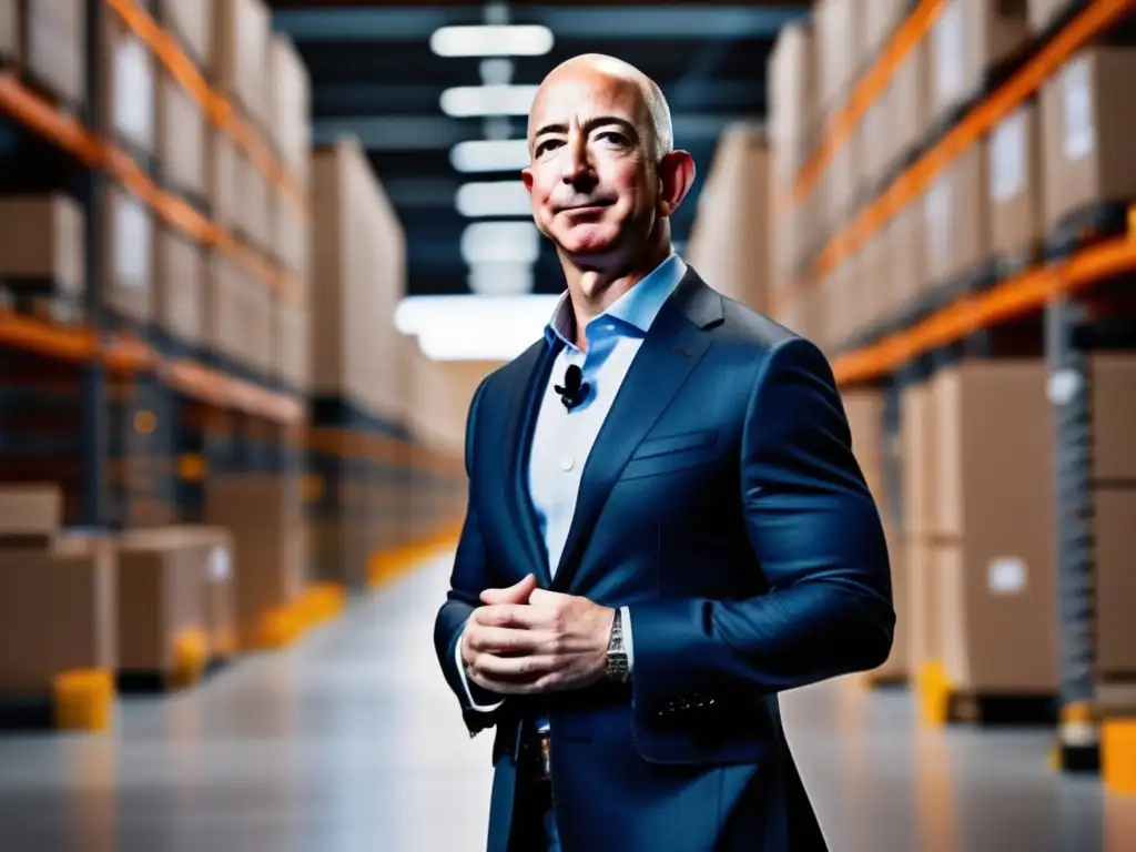 Jeff Bezos, líder visionario del comercio electrónico, frente a un centro de distribución de Amazon