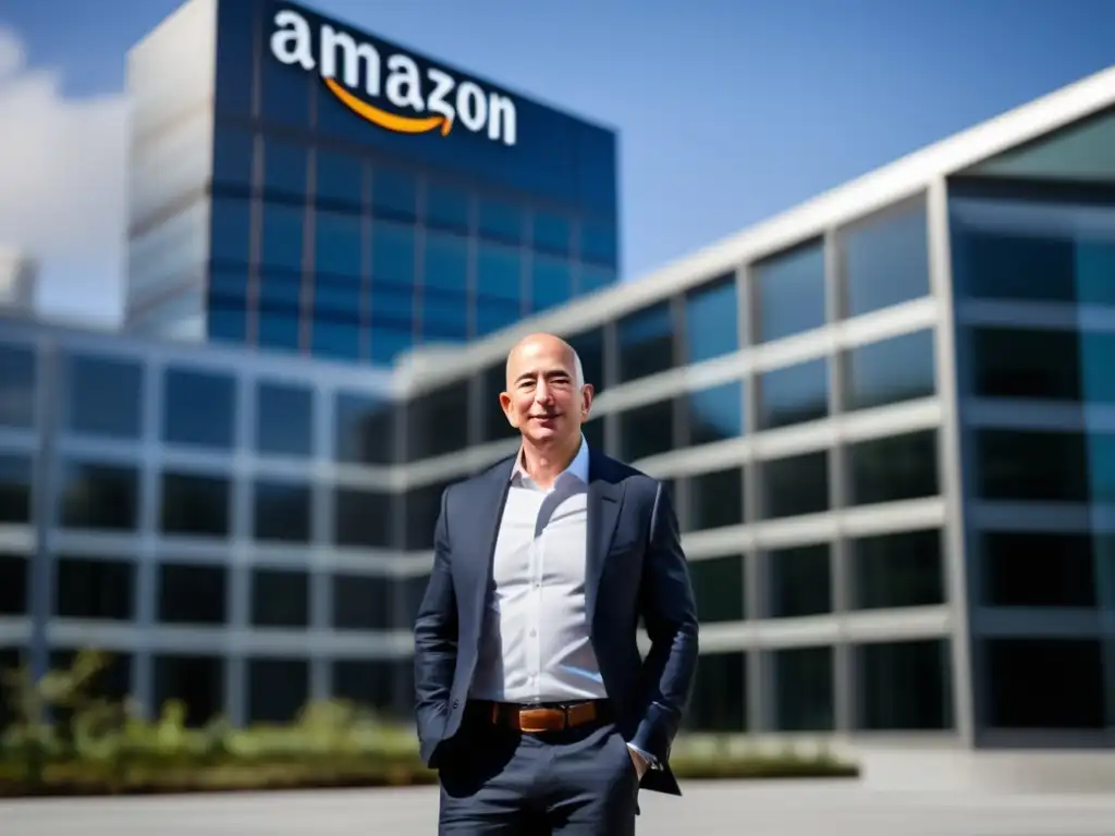 Jeff Bezos, líder visionario de Amazon, frente a la sede