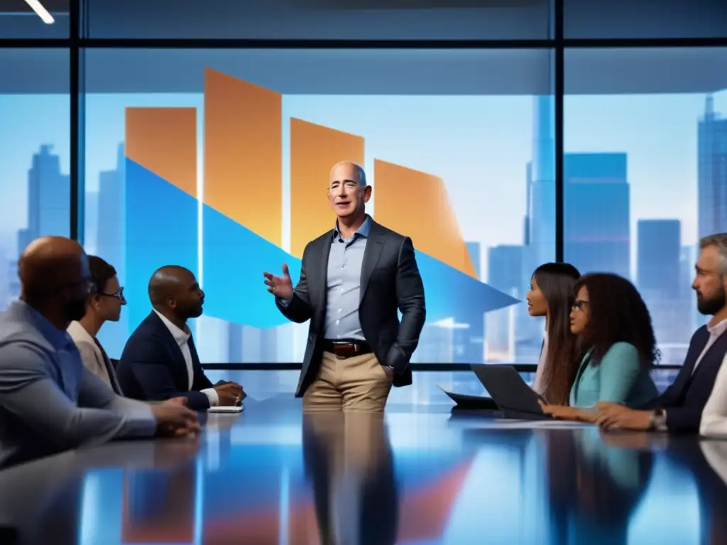 Jeff Bezos lidera una reunión en una oficina moderna, rodeado de tecnología futurista y un equipo activo