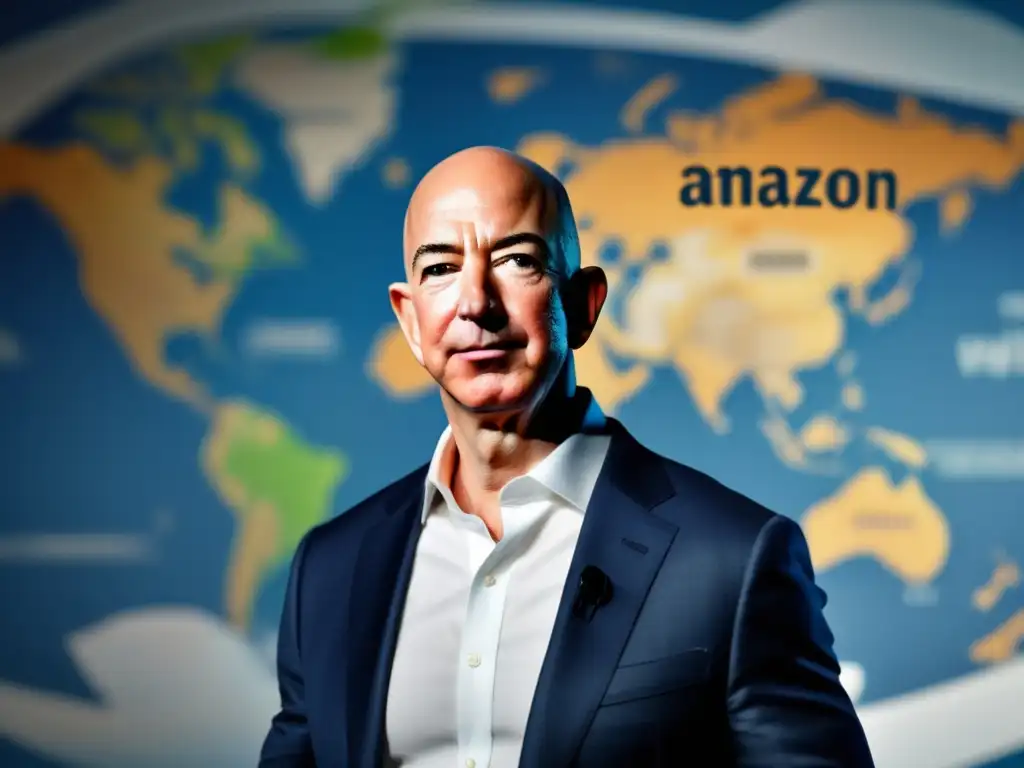 Jeff Bezos, con traje elegante, mira confiado un mapa global con el logo de Amazon