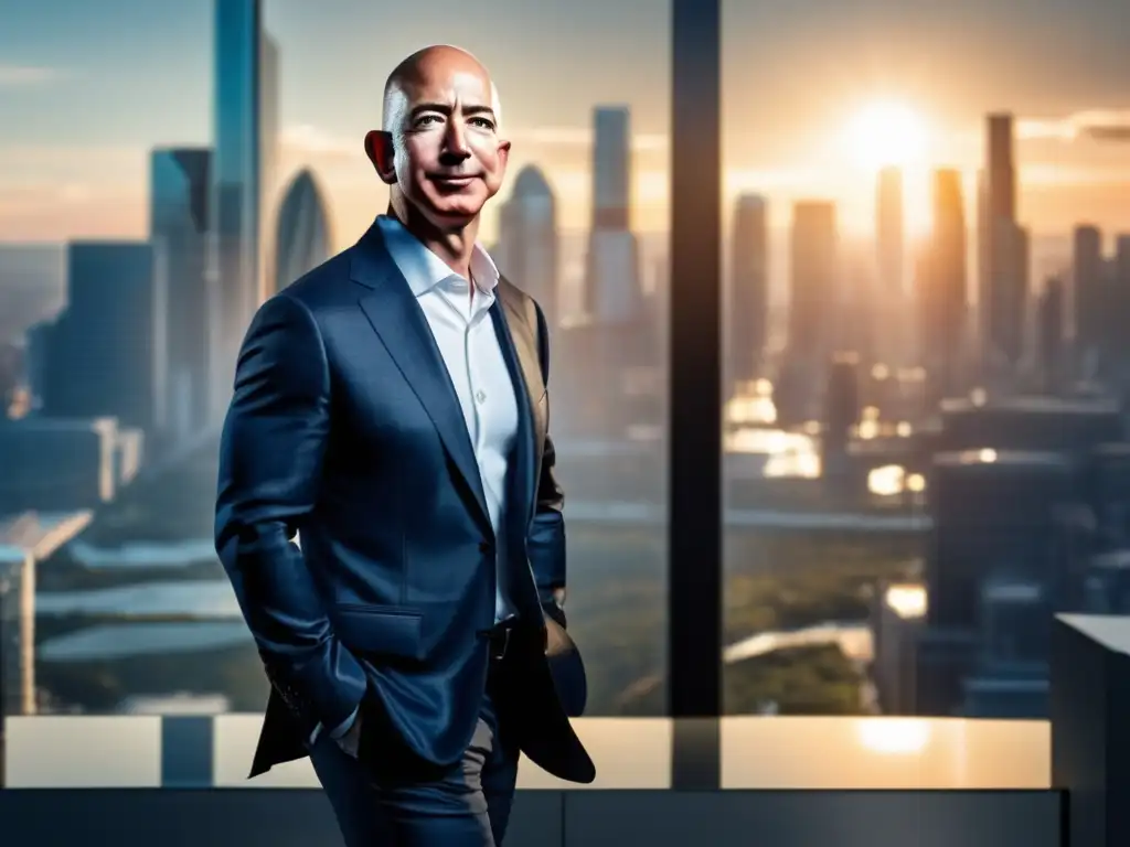 Jeff Bezos, con traje moderno, frente a sede de Amazon