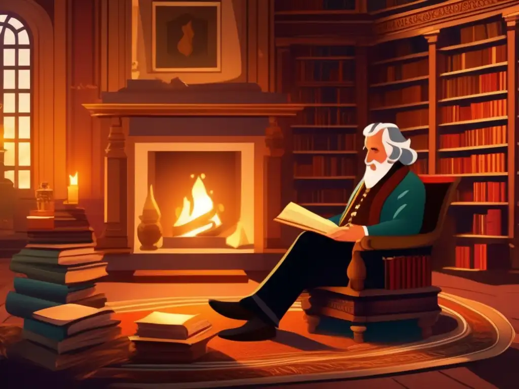 En una biblioteca acogedora, Wilhelm Grimm escucha atentamente a un narrador de cuentos, preservando la tradición oral