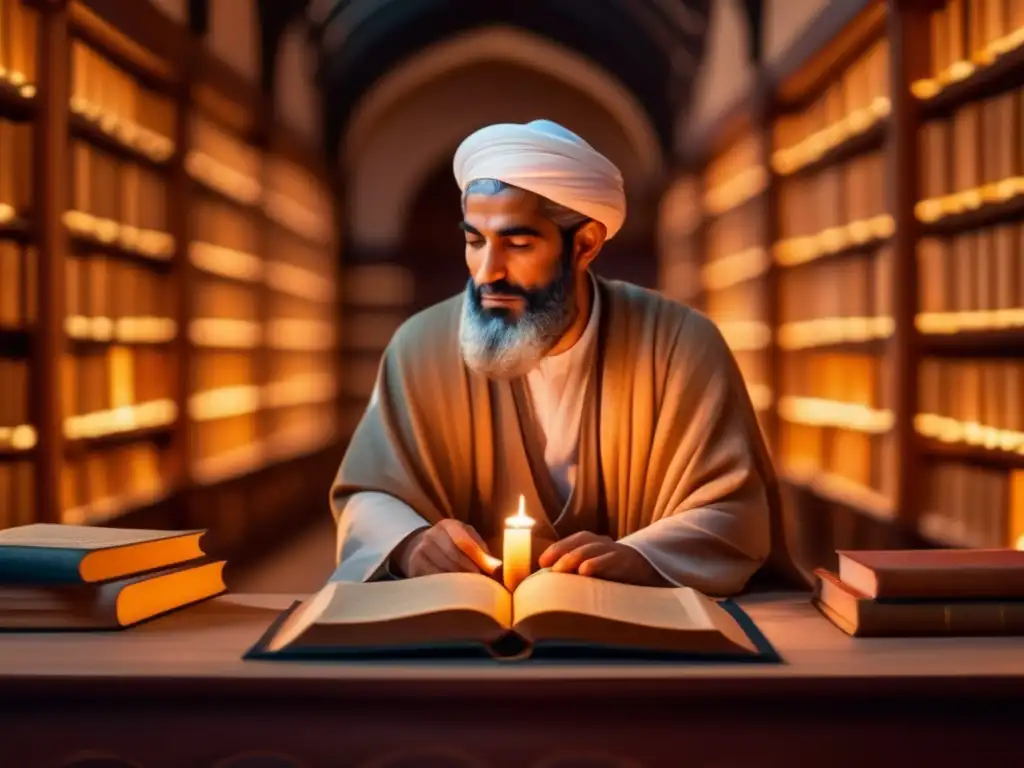 En una biblioteca antigua, Averroes, filósofo islámico de la Edad Media, medita entre manuscritos iluminados por velas