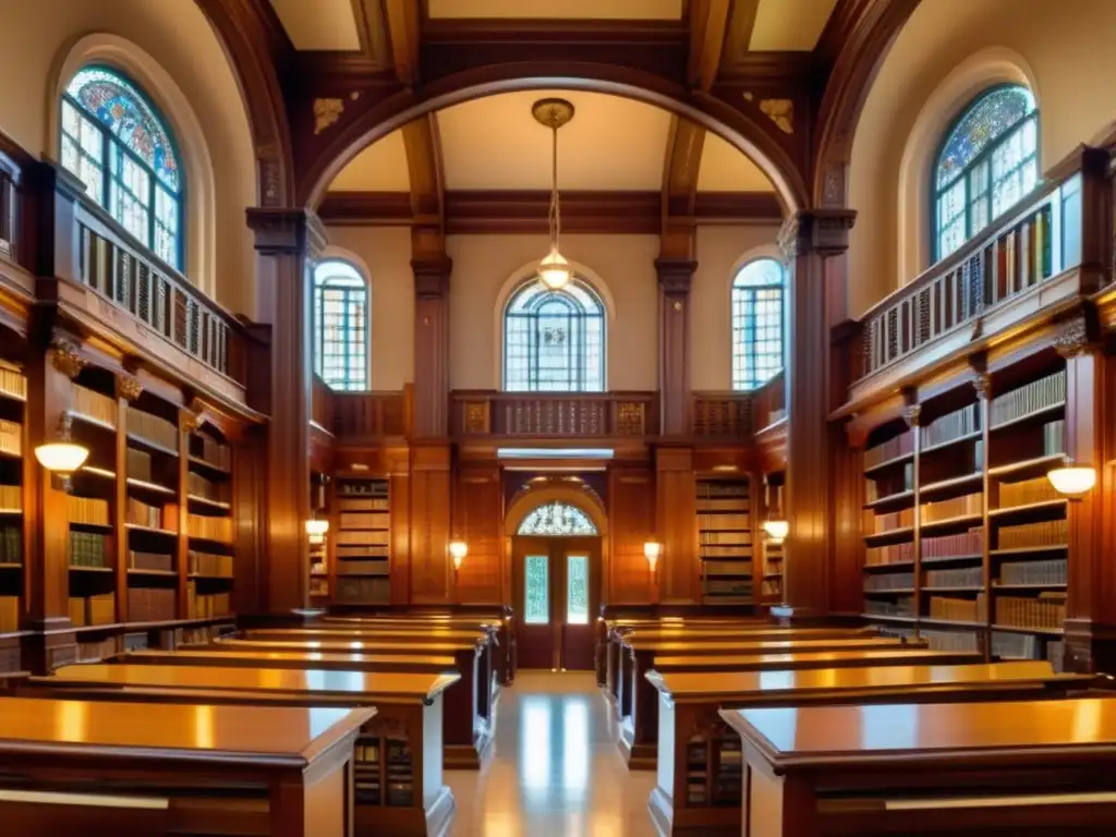 Una biblioteca Carnegie, con estanterías de madera tallada, vitrales y una atmósfera de conocimiento