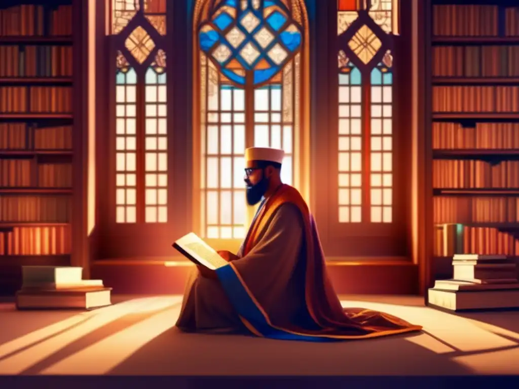 En una biblioteca grandiosa, Abu Rayhan alBiruni se sumerge en contemplación, iluminado por luz cálida