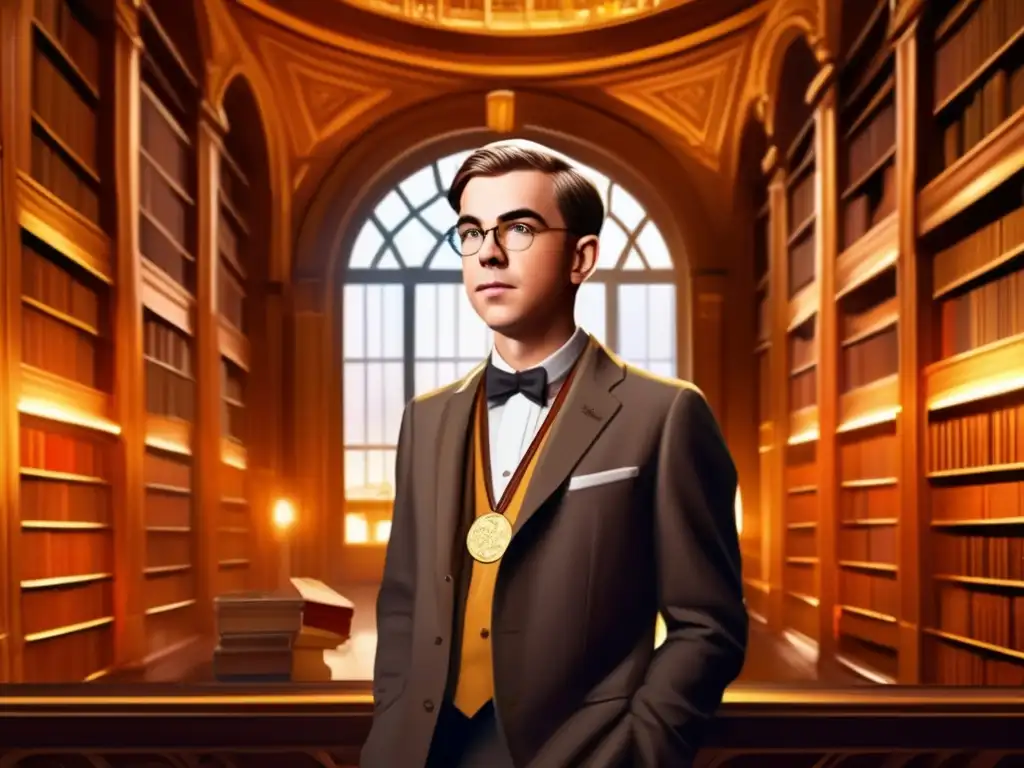 Thomas Mann en una biblioteca grandiosa, sosteniendo su medalla del Nobel