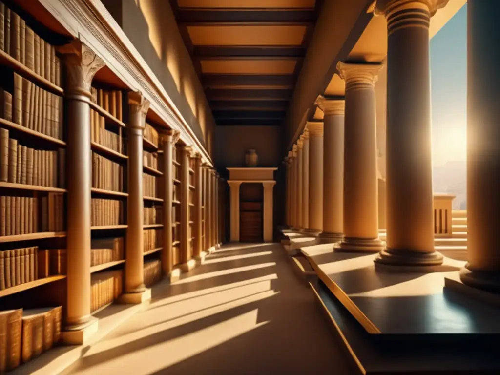 La biblioteca griega de Heródoto, llena de historia y sabiduría, con luz solar iluminando antiguos pergaminos y bustos de filósofos