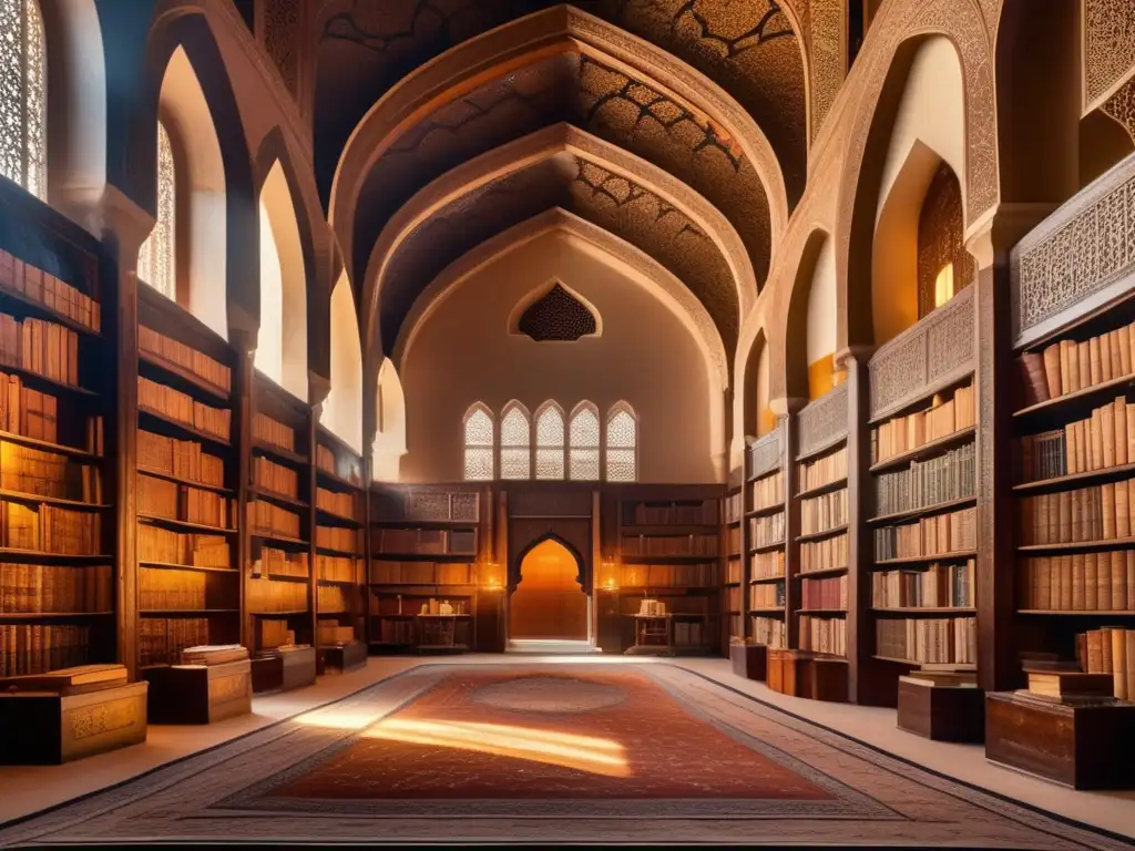 Una biblioteca islámica antigua llena de libros encuadernados en cuero, con luz suave filtrándose por ventanas arqueadas
