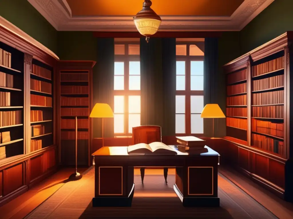 Escena de estudio iluminada con libros de literatura rusa En una biblioteca lujosa, libros de literatura rusa del siglo XIX llenan estanterías de madera oscura