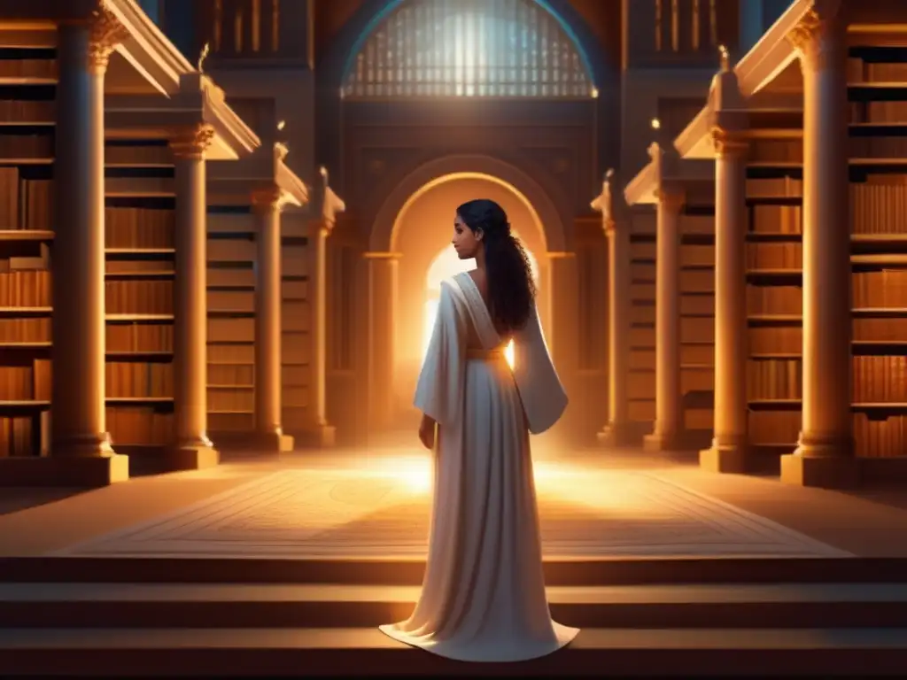 En la Biblioteca de Alejandría, Hipatia de Alejandría estudia un mapa celestial rodeada de libros antiguos, en un cuadro digital de 8k