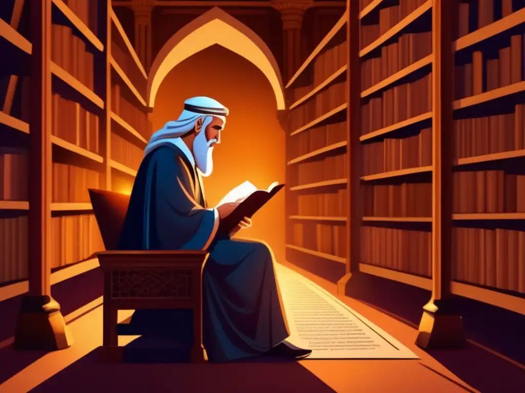 Averroes inmerso en la sabiduría medieval - Ilustración digital detallada En la biblioteca, Averroes filósofo musulmán Edad Media escribe con intensa concentración, rodeado de antiguos manuscritos iluminados por la cálida luz de las velas