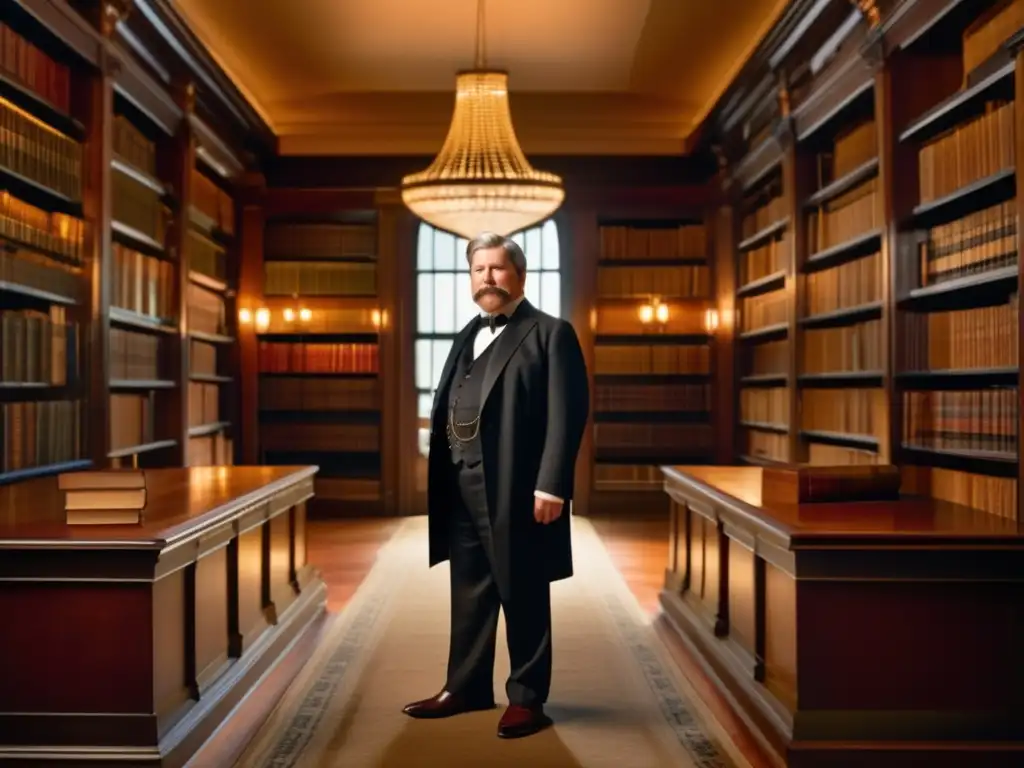En la biblioteca, George Westinghouse sostiene un plano de circuito eléctrico, rodeado de libros antiguos