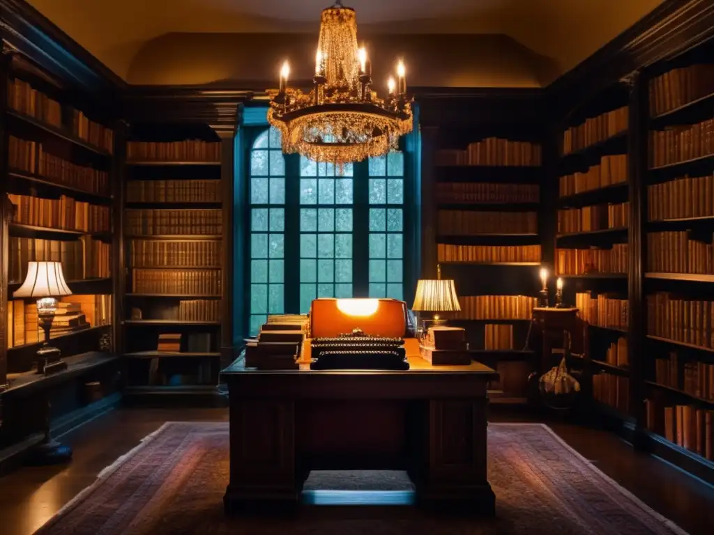 En una biblioteca sombría, repleta de libros antiguos y objetos siniestros, brilla una luz fantasmal