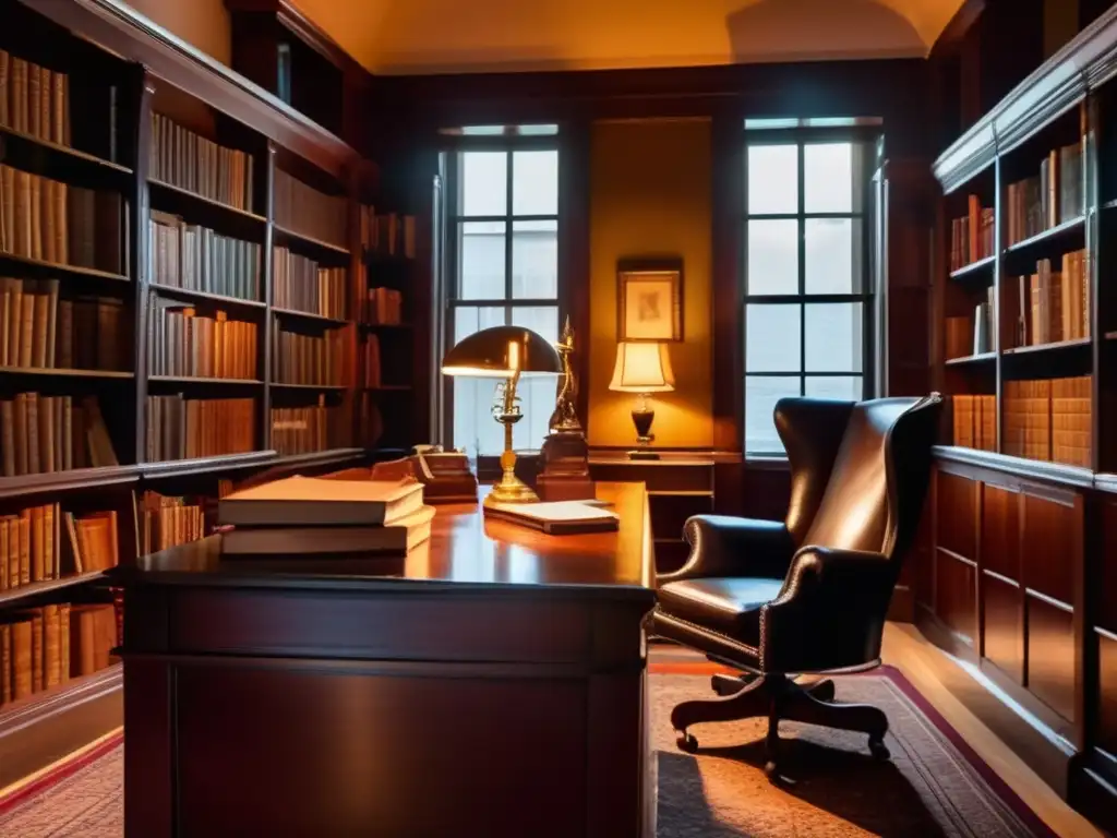 En una biblioteca tenue, libros encuadernados en cuero, un escritorio de caoba cubierto de papeles y una lupa