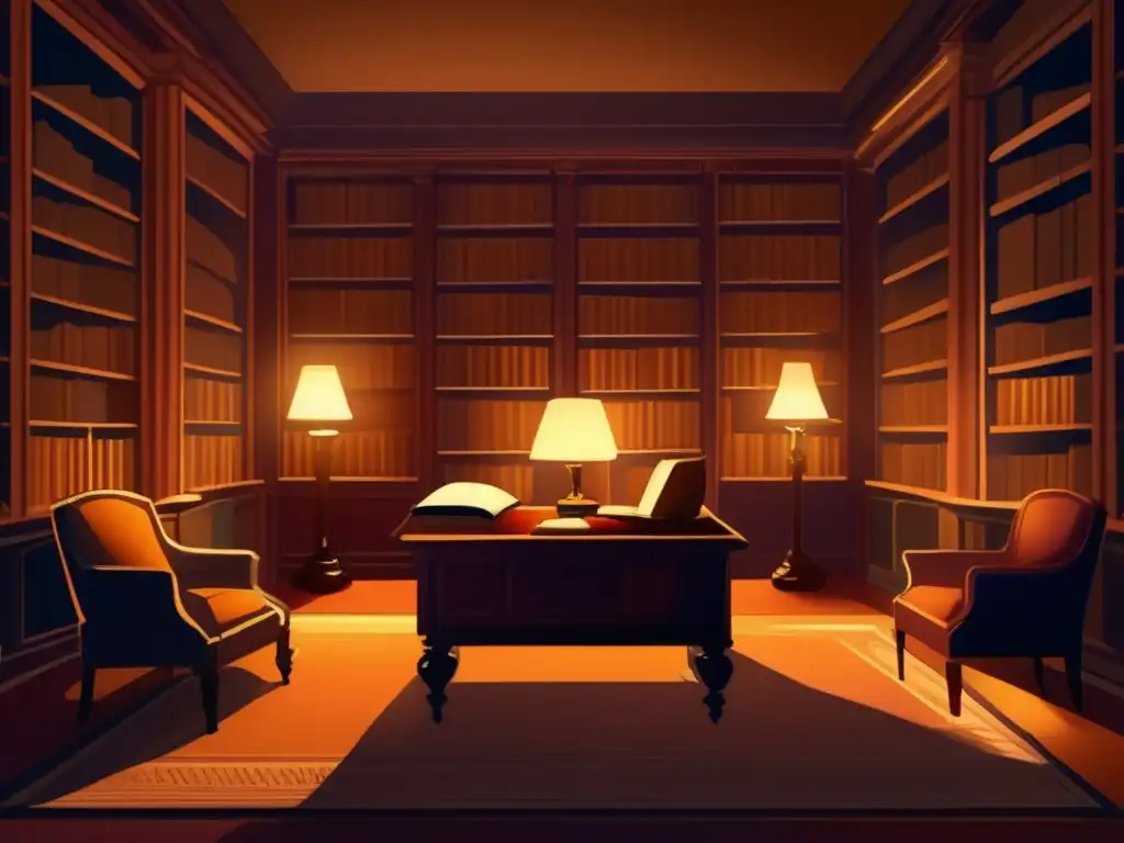 En una biblioteca tranquila y tenue, un personaje se sumerge en la introspección rodeado de libros y papeles dispersos