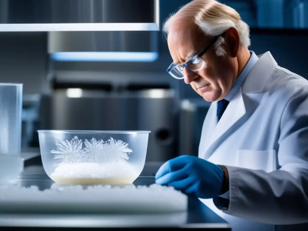 Clarence Birdseye inspecciona detenidamente un alimento recién congelado en un laboratorio moderno, resaltando la revolución del congelado