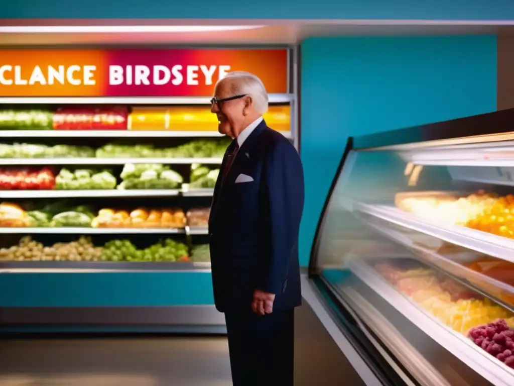 Clarence Birdseye presenta su invención de comida congelada en un ambiente vibrante y emprendedor