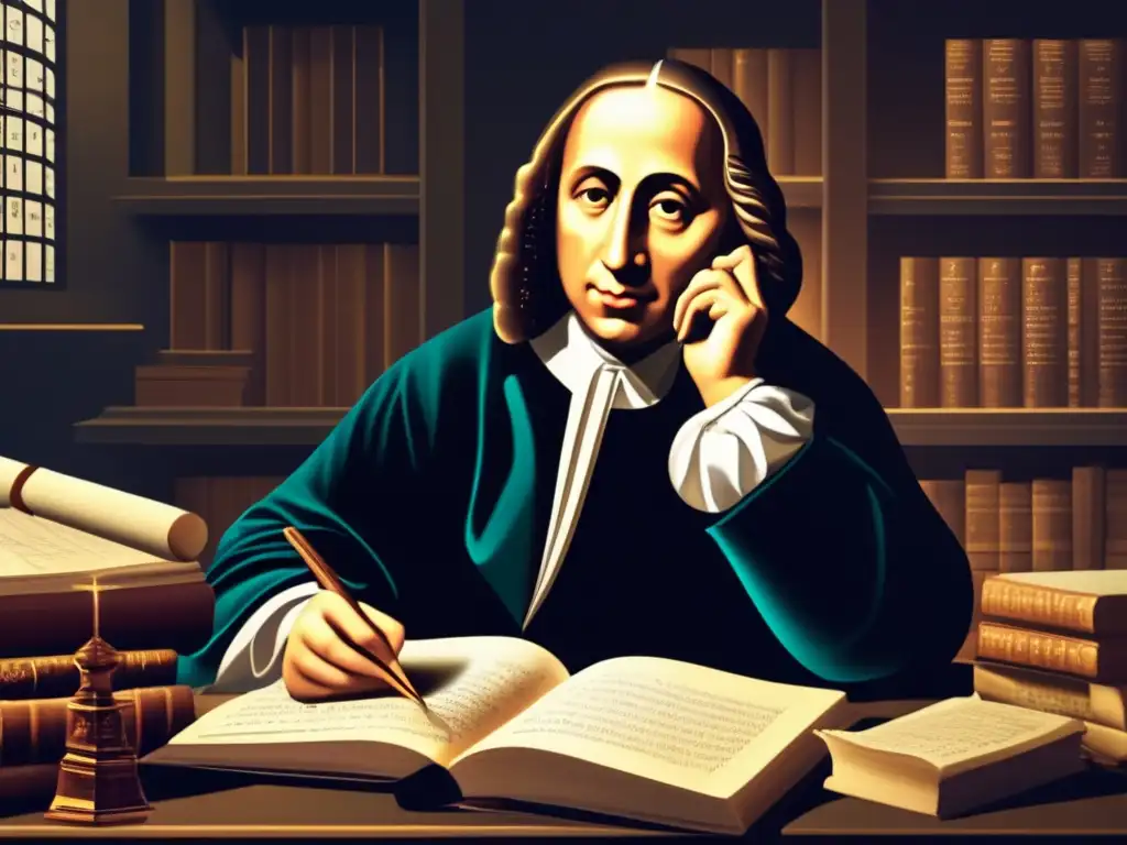 Blaise Pascal concentrado en su escritorio, rodeado de ecuaciones matemáticas y textos religiosos