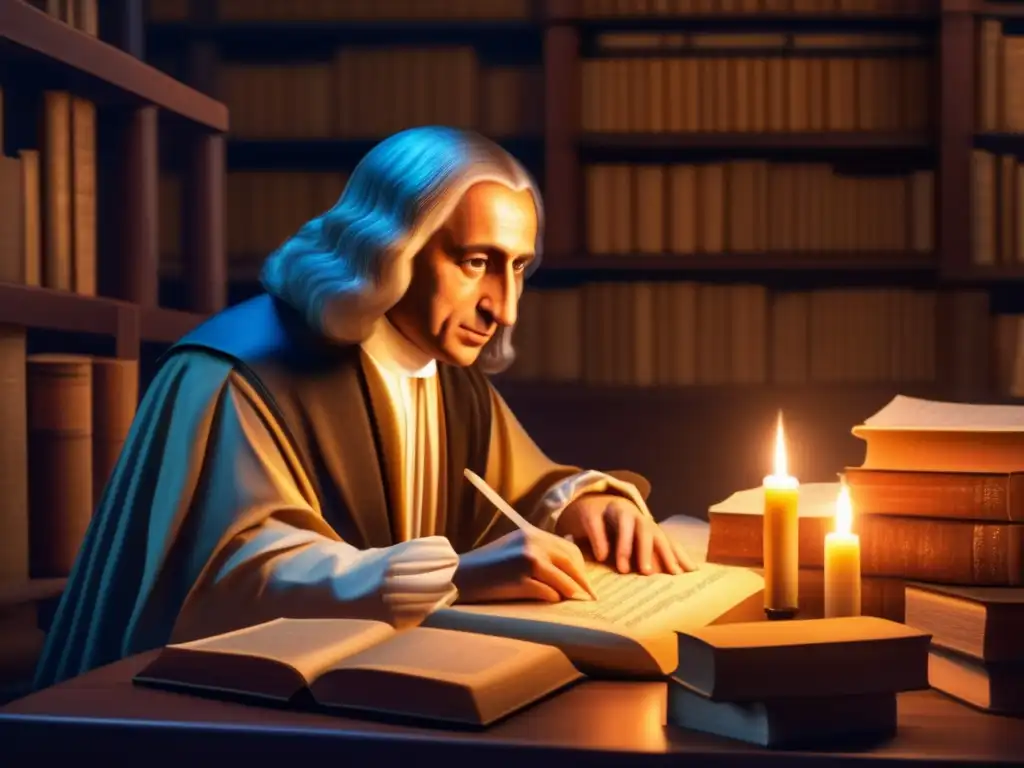 Blaise Pascal concentrado en su escritorio, rodeado de manuscritos y libros, iluminado por luz de vela