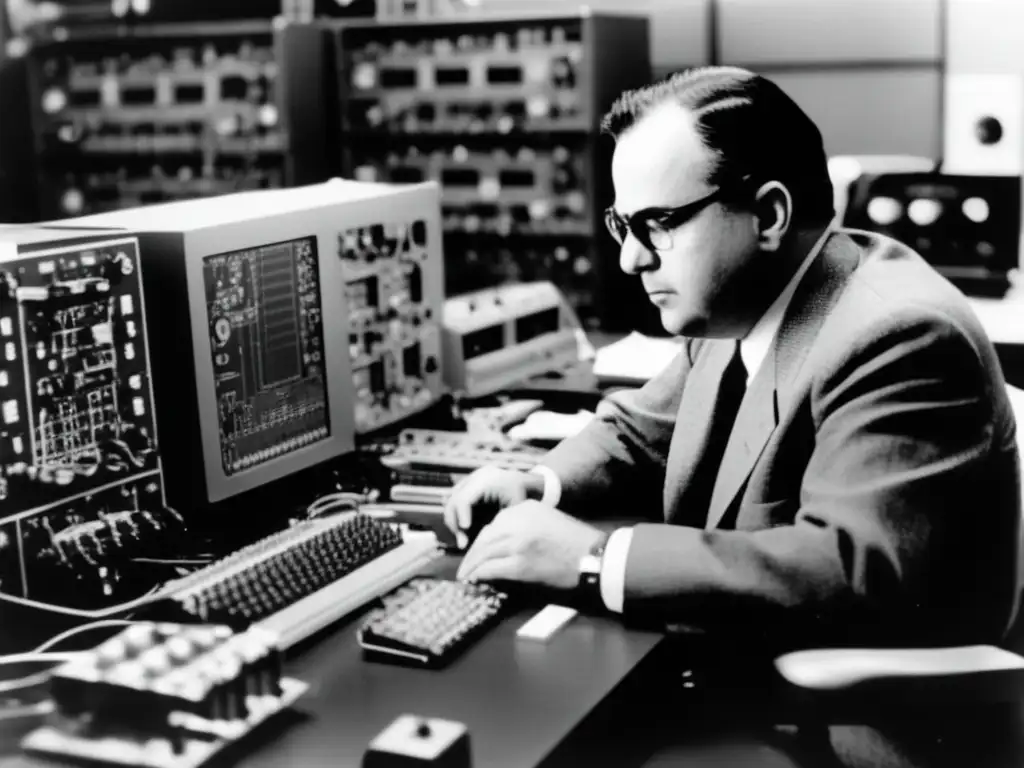 En la fotografía en blanco y negro, John Atanasoff está concentrado en su revolucionaria creación: la computadora ABC