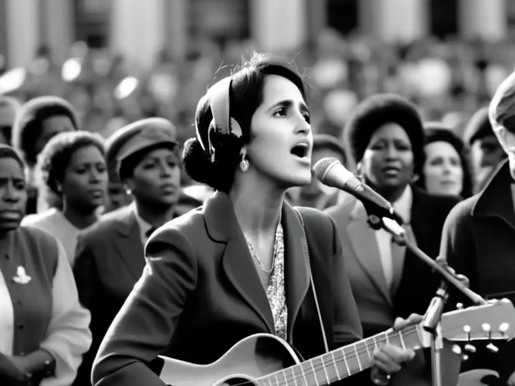 En blanco y negro, Joan Baez canta apasionadamente en un mitin por los derechos civiles, mientras una diversa multitud la escucha atentamente