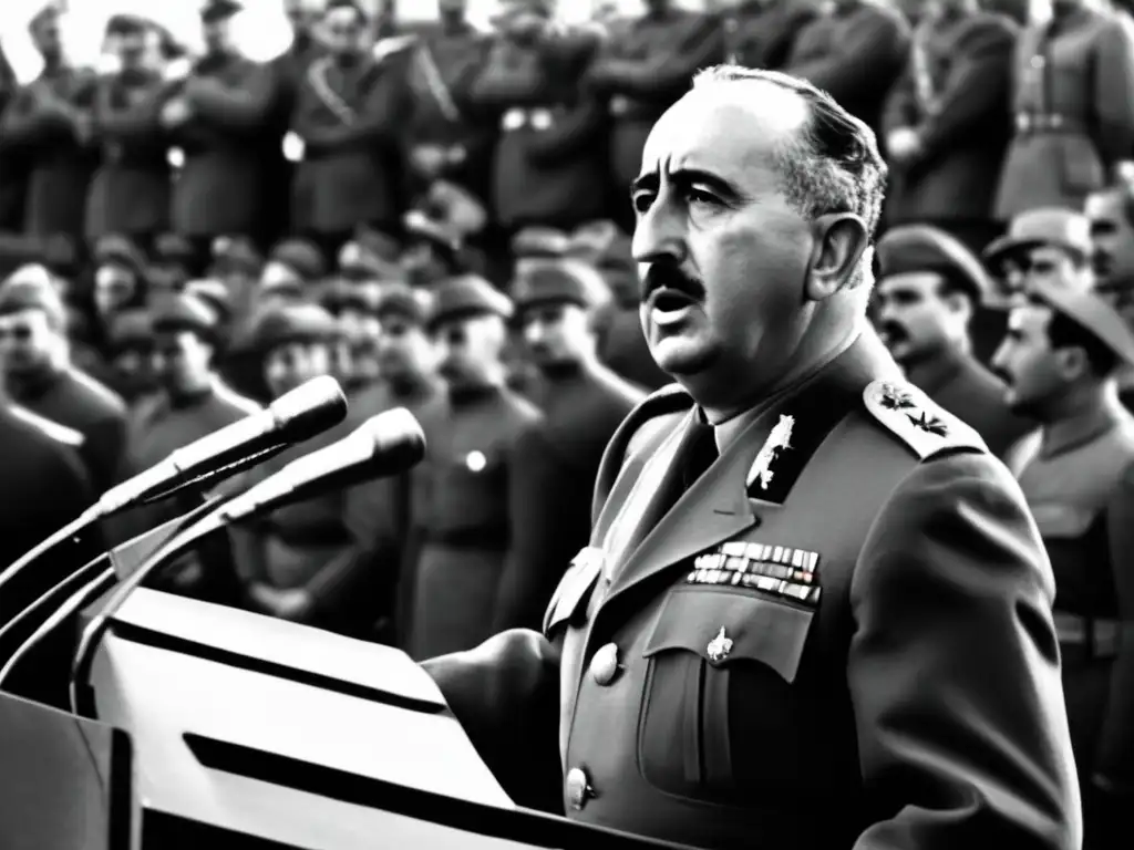 Una fotografía en blanco y negro de General Francisco Franco dando un apasionado discurso a una multitud de soldados