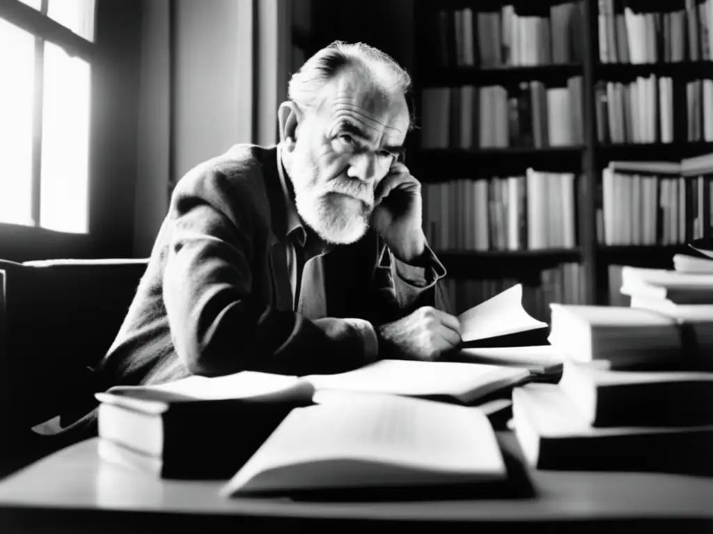 Una fotografía en blanco y negro de Athol Fugard escribiendo en su escritorio, rodeado de papeles y libros